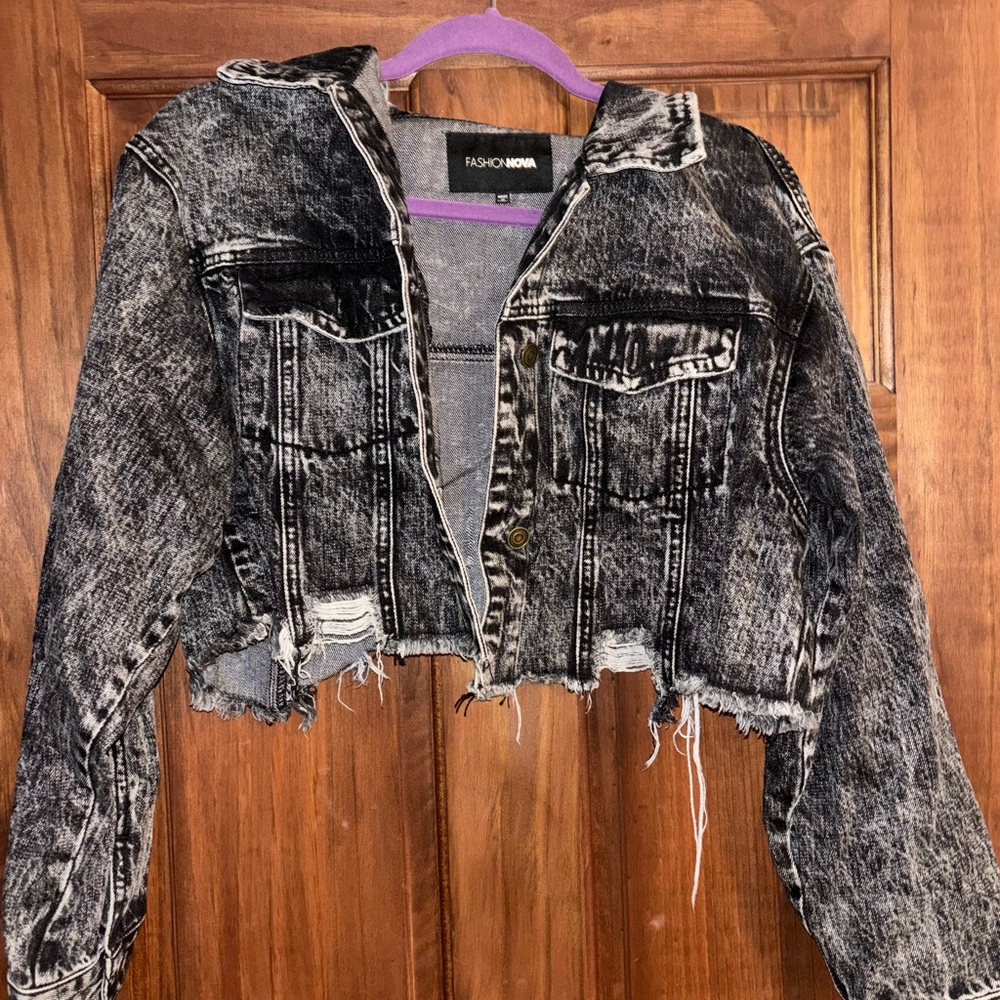Fashion Nova Gray Distressed Cropped Jean Jacket
